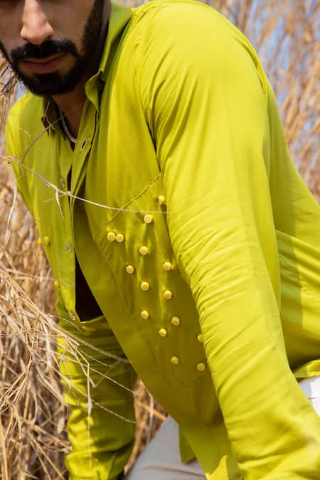 Shop_Runit Gupta_Yellow Tencel Beads Embroidered Shirt _Online_at_Aza_Fashions