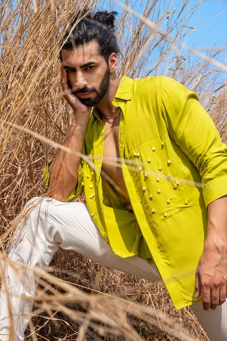Runit Gupta_Yellow Tencel Beads Embroidered Shirt _at_Aza_Fashions