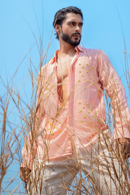 Shop_Runit Gupta_Pink Tencel Beads Kiwi Embroidered Shirt _at_Aza_Fashions