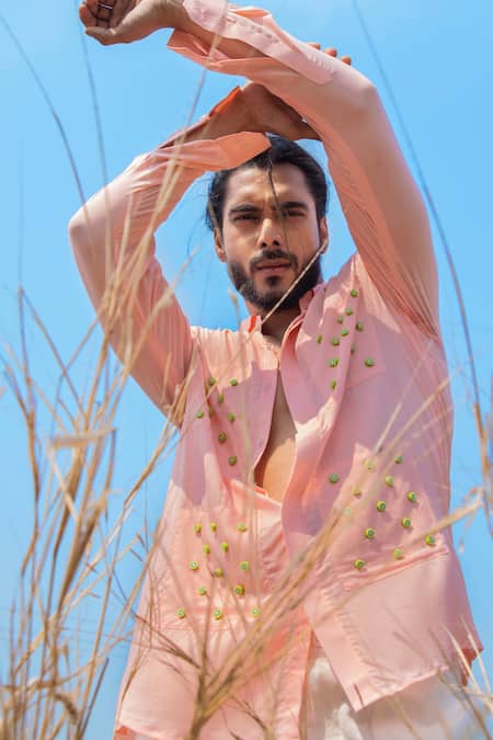 Buy_Runit Gupta_Pink Tencel Beads Kiwi Embroidered Shirt _Online_at_Aza_Fashions
