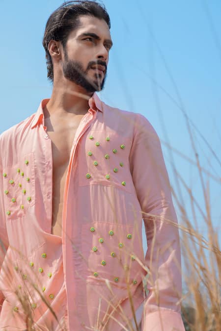 Shop_Runit Gupta_Pink Tencel Beads Kiwi Embroidered Shirt _Online_at_Aza_Fashions