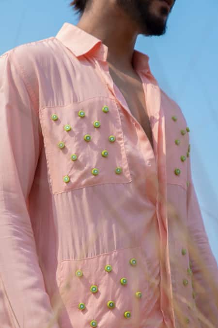 Runit Gupta_Pink Tencel Beads Kiwi Embroidered Shirt _at_Aza_Fashions