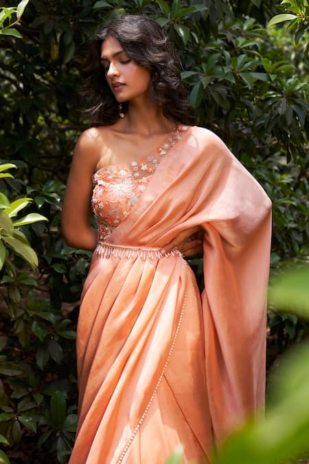 Buy Parshya Orange Viscose, Net Pearls, Sequins Pre-draped Saree And Embroidered Blouse Set Online at Aza Fashions Buy_Parshya_Orange Viscose, Net Pearls, Sequins Pre-draped Saree And Embroidered Blouse Set _Online_at_Aza_Fashions
