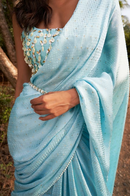 Shop Parshya Blue Viscose, Satin, Jacquard Pre-draped Hand Embroidered Saree And Blouse Set Online at Aza Fashions Shop_Parshya_Blue Viscose, Satin, Jacquard Pre-draped Hand Embroidered Saree And Blouse Set _Online_at_Aza_Fashions