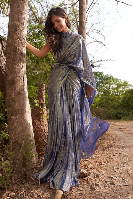 Parshya Blue Blouse Viscose Flat Chiffon Lurex Pre-draped Saree And Set 