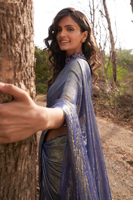 Buy Parshya Blue Viscose, Chiffon, Lurex Beads, Cut Work, Pre-draped Saree And Blouse Set Buy_Parshya_Blue Viscose, Chiffon, Lurex Beads, Cut Work, Pre-draped Saree And Blouse Set