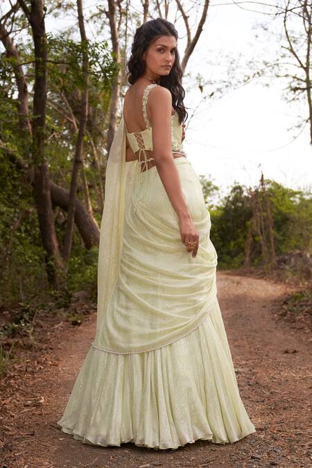 Shop_Parshya_Yellow Viscose, Chiffon, Lurex Sequins, Pre-draped Saree And Blouse Set _at_Aza_Fashions