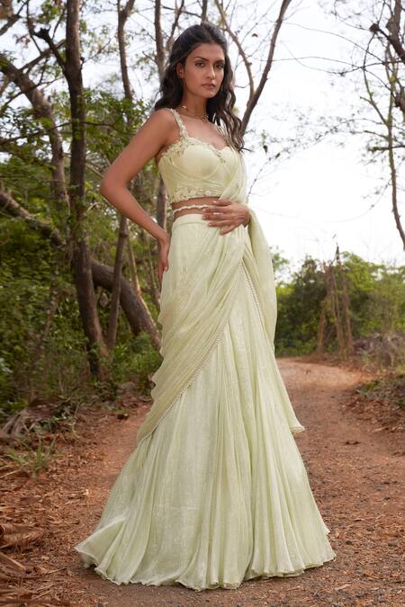 Parshya_Yellow Viscose, Chiffon, Lurex Sequins, Pre-draped Saree And Blouse Set _Online_at_Aza_Fashions