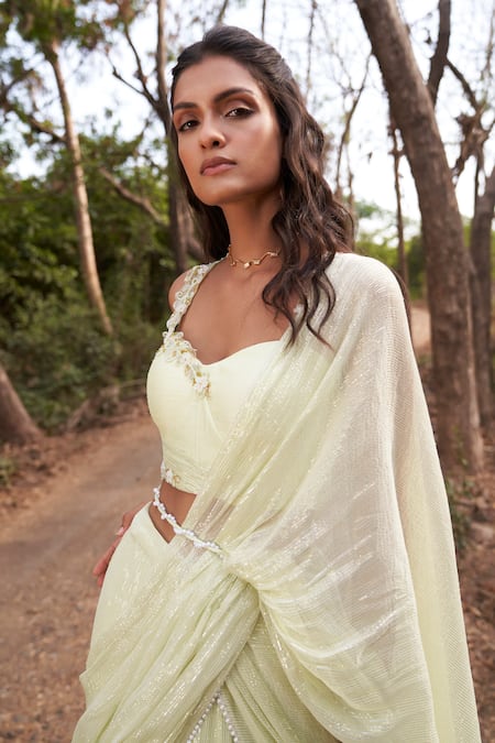 Buy_Parshya_Yellow Viscose, Chiffon, Lurex Sequins, Pre-draped Saree And Blouse Set _Online_at_Aza_Fashions
