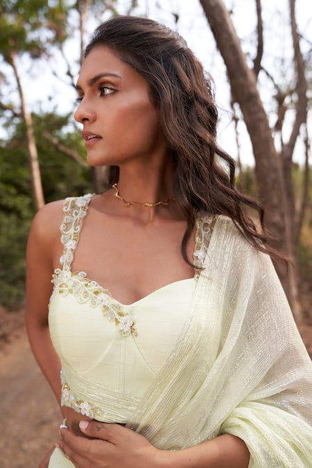 Shop_Parshya_Yellow Viscose, Chiffon, Lurex Sequins, Pre-draped Saree And Blouse Set _Online_at_Aza_Fashions