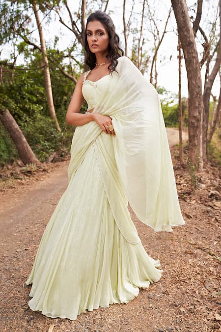 Parshya_Yellow Viscose, Chiffon, Lurex Sequins, Pre-draped Saree And Blouse Set _at_Aza_Fashions