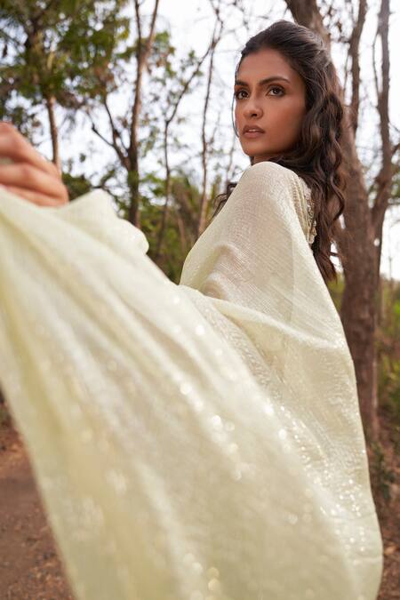 Buy_Parshya_Yellow Viscose, Chiffon, Lurex Sequins, Pre-draped Saree And Blouse Set 