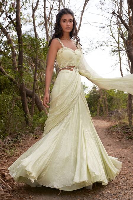 Shop_Parshya_Yellow Viscose, Chiffon, Lurex Sequins, Pre-draped Saree And Blouse Set 