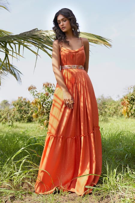 Orange Long Printed Casual Wear Gown | Latest Kurti Designs