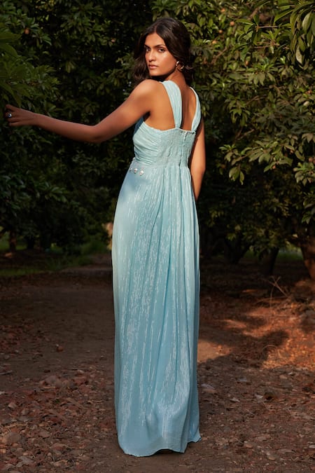 Shop_Parshya_Blue Viscose, Chiffon, Lurex, Linen Crew Neck Stripe Hand Embroidered Gown _at_Aza_Fashions