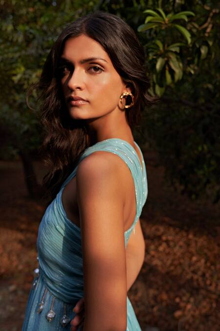 Shop_Parshya_Blue Viscose, Chiffon, Lurex, Linen Crew Neck Stripe Hand Embroidered Gown _Online_at_Aza_Fashions