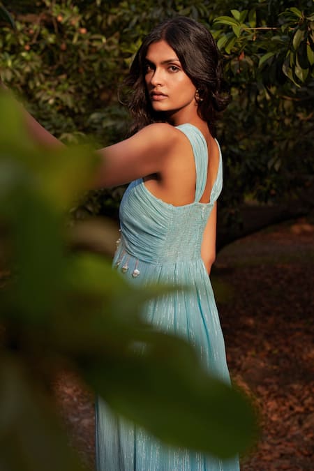 Parshya_Blue Viscose, Chiffon, Lurex, Linen Crew Neck Stripe Hand Embroidered Gown _at_Aza_Fashions