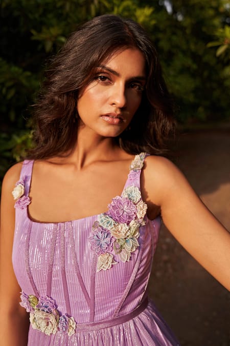 Parshya Purple Viscose, Chiffon, Lurex, Satin 3d Placement Floral Embroidered Gown Online at Aza Fashions Parshya_Purple Viscose, Chiffon, Lurex, Satin 3d Placement Floral Embroidered Gown _Online_at_Aza_Fashions