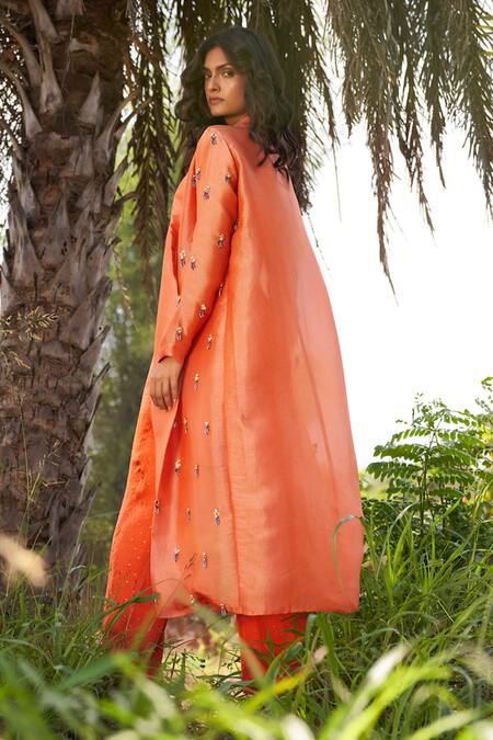 Shop_Parshya_Orange Viscose Beads, Embroidery Collared Hand Trench Jacket And Pant Set _at_Aza_Fashions