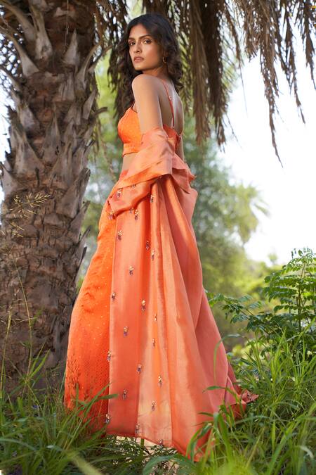 Parshya_Orange Viscose Beads, Embroidery Collared Hand Trench Jacket And Pant Set _Online_at_Aza_Fashions