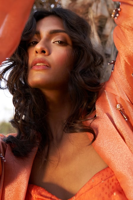 Shop_Parshya_Orange Viscose Beads, Embroidery Collared Hand Trench Jacket And Pant Set _Online_at_Aza_Fashions