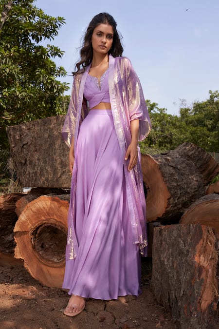 Parshya Purple Blouse And Pant Viscose Crepe Georgette Shimmer Finish Cape Flared Set 