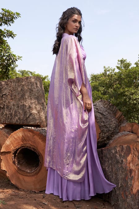 Shop Parshya Purple Viscose, Crepe, Georgette Sequins Shimmer Finish Cape Flared Pant Set at Aza Fashions Shop_Parshya_Purple Viscose, Crepe, Georgette Sequins Shimmer Finish Cape Flared Pant Set _at_Aza_Fashions