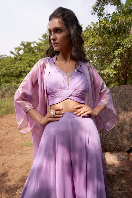 Parshya Purple Viscose, Crepe, Georgette Sequins Shimmer Finish Cape Flared Pant Set Online at Aza Fashions Parshya_Purple Viscose, Crepe, Georgette Sequins Shimmer Finish Cape Flared Pant Set _Online_at_Aza_Fashions