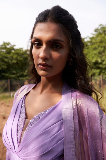 Shop Parshya Purple Viscose, Crepe, Georgette Sequins Shimmer Finish Cape Flared Pant Set Online at Aza Fashions Shop_Parshya_Purple Viscose, Crepe, Georgette Sequins Shimmer Finish Cape Flared Pant Set _Online_at_Aza_Fashions