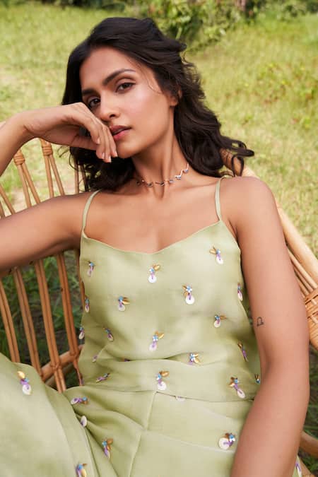 Parshya_Green Viscose, Tissue Sequins Scoop Neck Coin Embellished Top With Pant _Online_at_Aza_Fashions