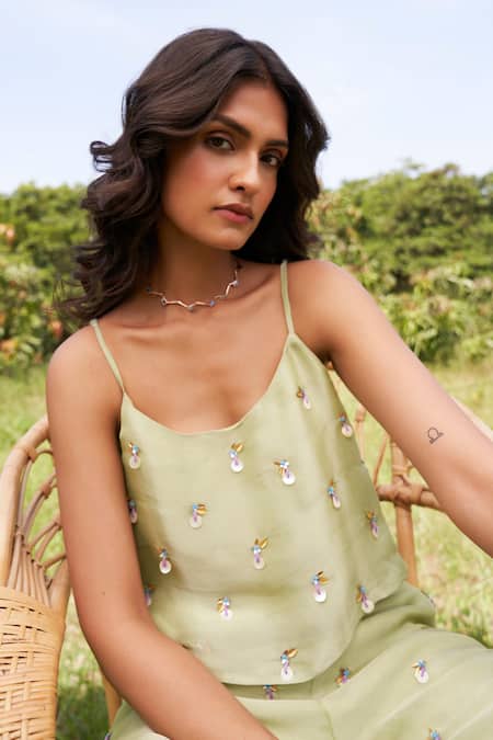 Buy_Parshya_Green Viscose, Tissue Sequins Scoop Neck Coin Embellished Top With Pant _Online_at_Aza_Fashions