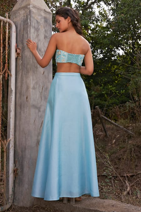 Shop_Parshya_Blue Silk Organza, Viscose Embroidery, Sequins Sheer Bomber Jacket And Skirt Set _at_Aza_Fashions