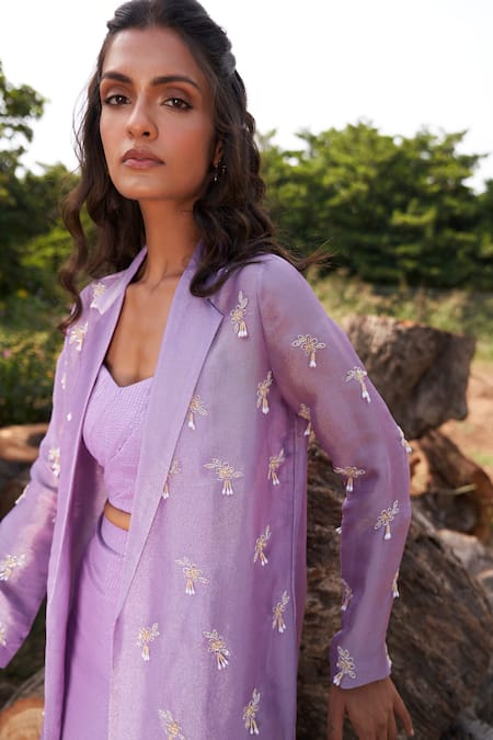 Shop Parshya Purple Viscose Sequins, Beads Floral Motif Ornamented Trench Jacket Skirt Set Online at Aza Fashions Shop_Parshya_Purple Viscose Sequins, Beads Floral Motif Ornamented Trench Jacket Skirt Set _Online_at_Aza_Fashions