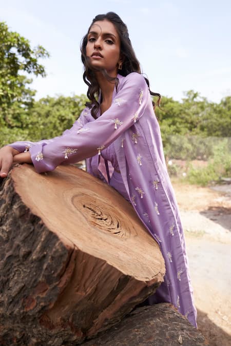 Parshya Purple Viscose Sequins, Beads Floral Motif Ornamented Trench Jacket Skirt Set at Aza Fashions Parshya_Purple Viscose Sequins, Beads Floral Motif Ornamented Trench Jacket Skirt Set _at_Aza_Fashions