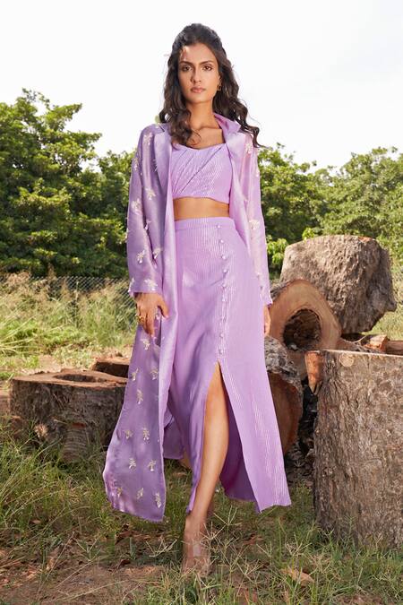 Buy Parshya Purple Viscose Sequins, Beads Floral Motif Ornamented Trench Jacket Skirt Set Buy_Parshya_Purple Viscose Sequins, Beads Floral Motif Ornamented Trench Jacket Skirt Set