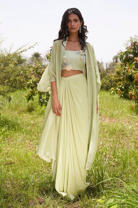 Shop Parshya Green Viscose Embroidery, Beads Square Neck Cape Jacket And Draped Skirt Set Online at Aza Fashions Shop_Parshya_Green Viscose Embroidery, Beads Square Neck Cape Jacket And Draped Skirt Set _Online_at_Aza_Fashions
