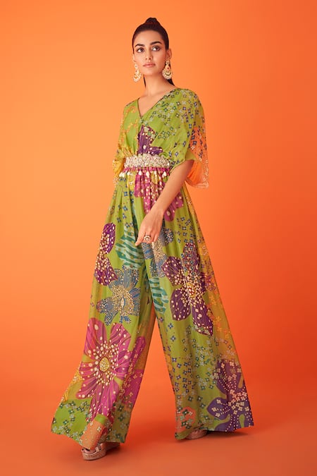 Taavare Green Organza Printed Floral V Neck Blossom Jumpsuit