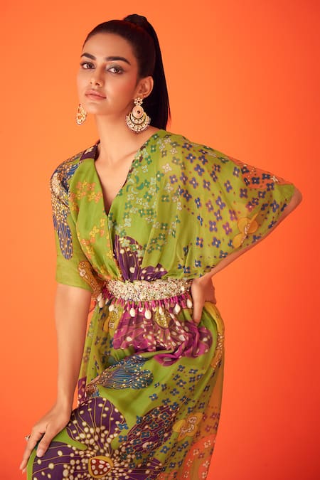 Shop Taavare Green Organza V-neck Blossom Print Jumpsuit at Aza Fashions Shop_Taavare_Green Organza V-neck Blossom Print Jumpsuit _at_Aza_Fashions