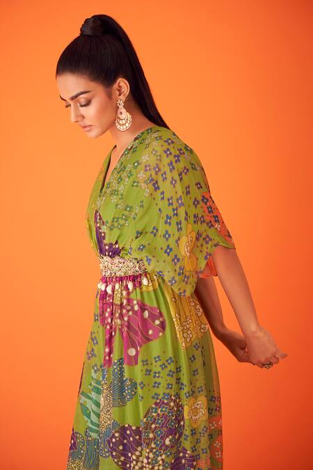 Taavare Green Organza V-neck Blossom Print Jumpsuit Online at Aza Fashions Taavare_Green Organza V-neck Blossom Print Jumpsuit _Online_at_Aza_Fashions