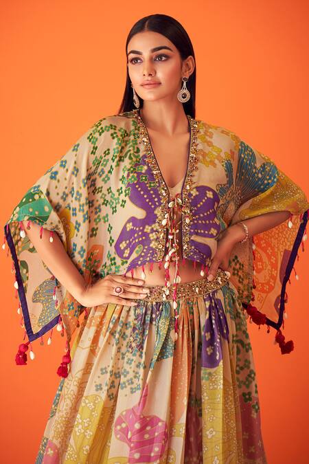 Taavare_Multi Color Tissue, Organza Crystals, Floral Print Short Kaftan Lehenga Set_Online_at_Aza_Fashions