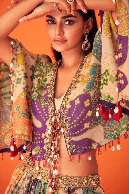 Buy_Taavare_Multi Color Tissue, Organza Crystals, Floral Print Short Kaftan Lehenga Set_Online_at_Aza_Fashions