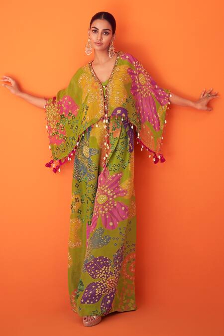 Shop Taavare Green Tissue Tassels Open Neck Botanic Print Short Kaftan Pant Set at Aza Fashions Shop_Taavare_Green Tissue Tassels Open Neck Botanic Print Short Kaftan Pant Set_at_Aza_Fashions