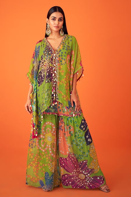 Taavare Flower Print Flared Kaftan Sharara Set 