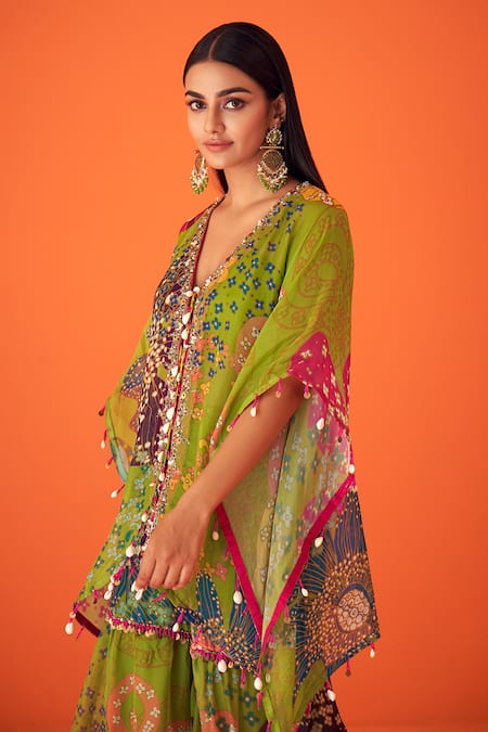 Taavare Green Organza Tassels, Sequins Open Neck Flower Print Flared Kaftan Sharara Set Online at Aza Fashions Taavare_Green Organza Tassels, Sequins Open Neck Flower Print Flared Kaftan Sharara Set _Online_at_Aza_Fashions