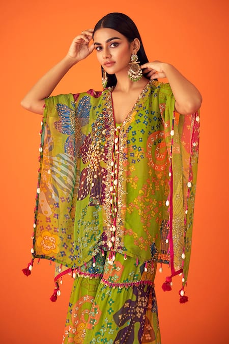 Buy Taavare Green Organza Tassels, Sequins Open Neck Flower Print Flared Kaftan Sharara Set Online at Aza Fashions Buy_Taavare_Green Organza Tassels, Sequins Open Neck Flower Print Flared Kaftan Sharara Set _Online_at_Aza_Fashions
