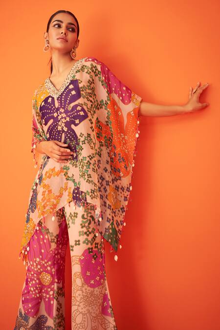 Taavare_Peach Organza Tassels, Sequins, Crystal Embellished Kaftan Bell Bottom Pant Set_Online_at_Aza_Fashions