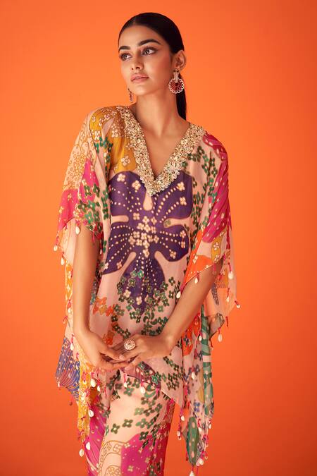 Buy_Taavare_Peach Organza Tassels, Sequins, Crystal Embellished Kaftan Bell Bottom Pant Set_Online_at_Aza_Fashions