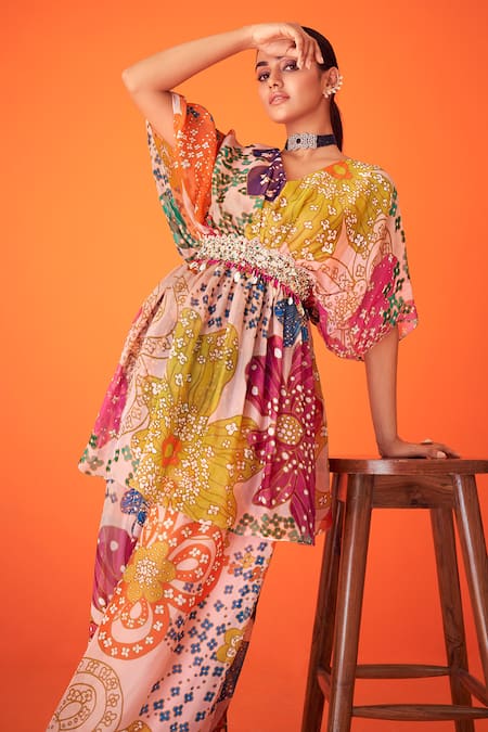 Shop_Taavare_Peach Organza Embroidery V-neck Floral Print Peplum Top With Pant _at_Aza_Fashions