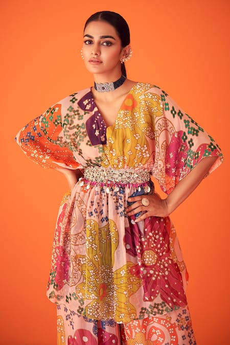 Taavare_Peach Organza Embroidery V-neck Floral Print Peplum Top With Pant _Online_at_Aza_Fashions