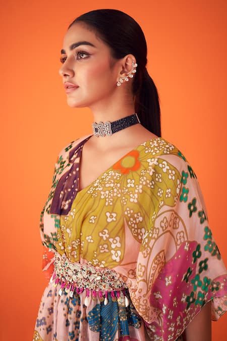 Buy_Taavare_Peach Organza Embroidery V-neck Floral Print Peplum Top With Pant _Online_at_Aza_Fashions